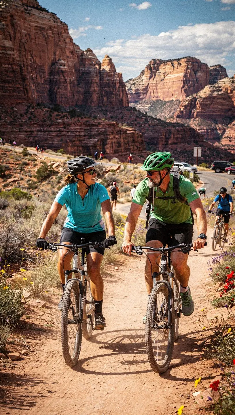 Hikers pausing at a panoramic overlook with sweeping views of canyons and mountain ranges in a national park.